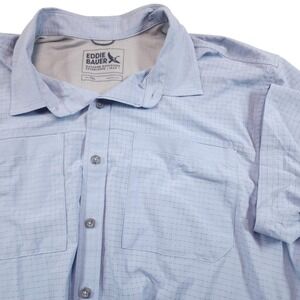 Eddie Bauer XLT Big Tall Blue Check Stretch Shirt Mens Short Sleeve Button Up